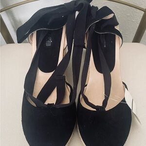 Black Espadrille Ankle Wrapped Wedge Heels
